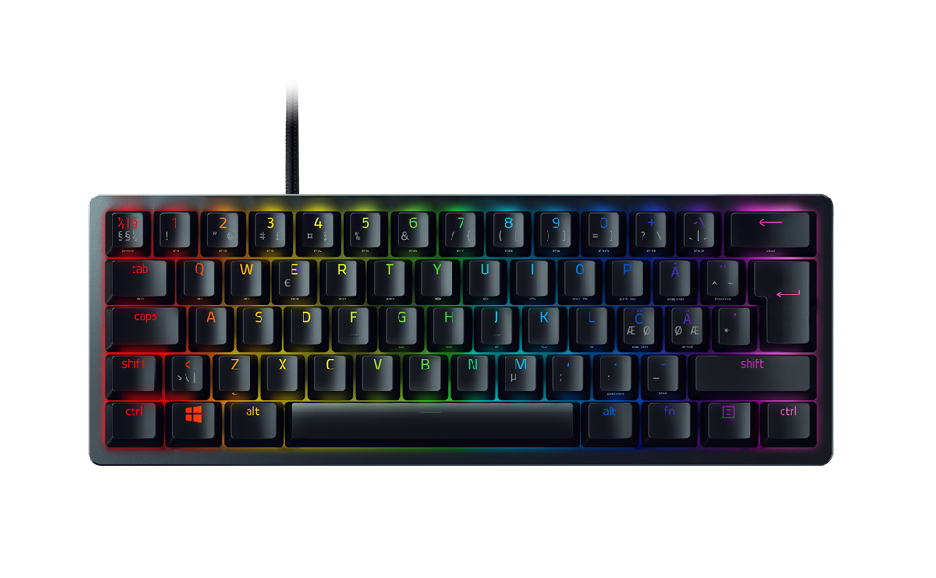 Razer Huntsman Mini – Mini 60% – Nordic – Clicky Purple – Sort – tastatur med RGB set ovenfra; producentillustration, varen har nordisk layout