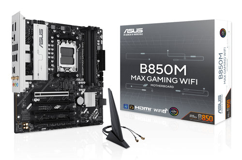ASUS B850M MAX GAMING WIFI – bundkort med emballage og antenne