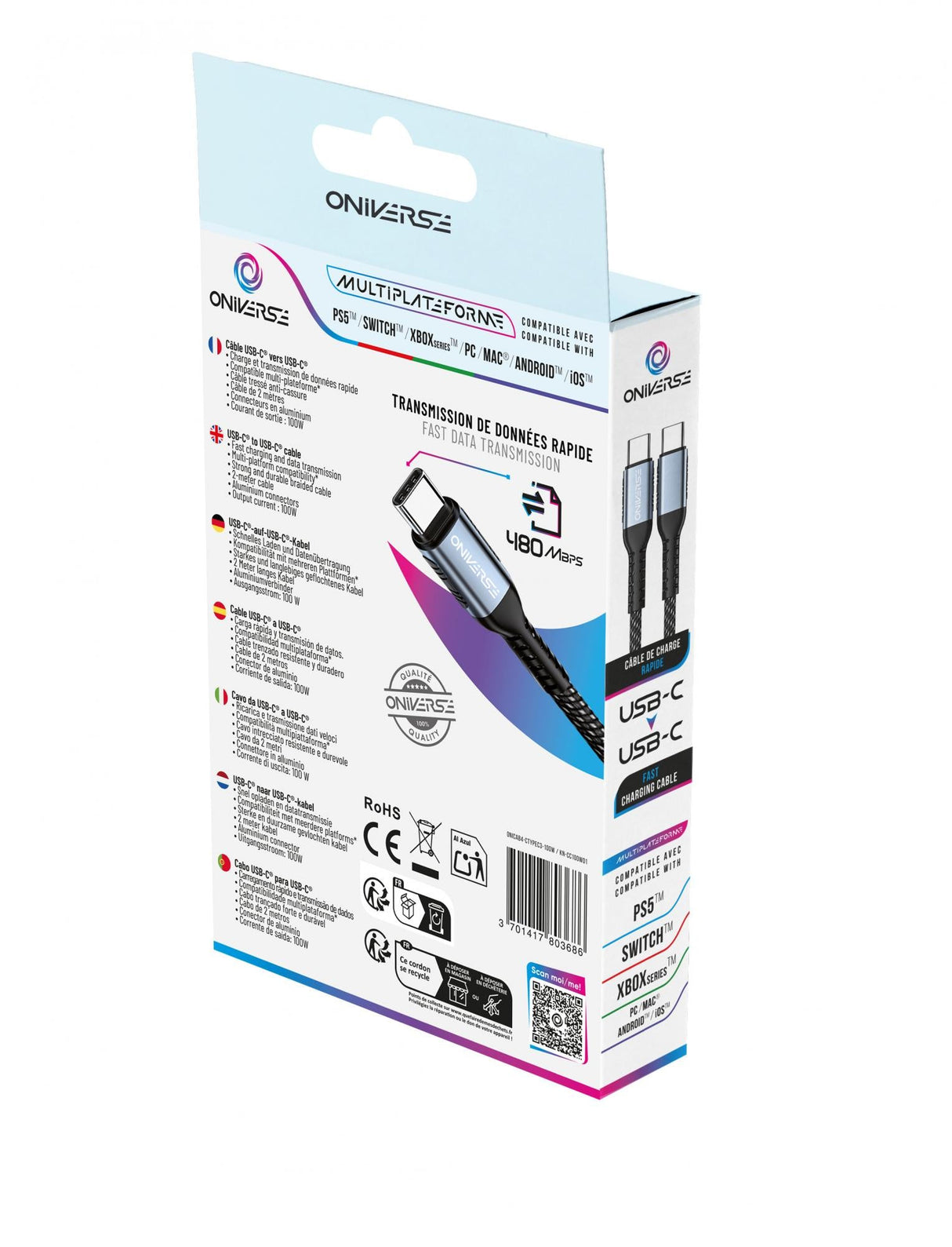 Oniverse Usb-C To Usb-C 100W Fast Charging Cable, 2 M - Black ONIVERSE