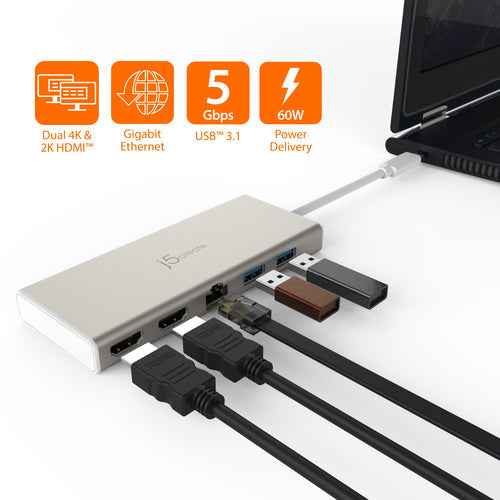 j5create JCD381-N – USB-C-dock med to HDMI-udgange – Illustration af tilsluttet USB-udstyr