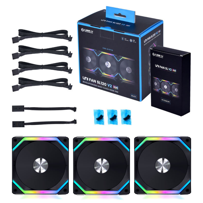 Lian Li UNI FAN SL V2 120 RGB PWM Fläkt 3-pack, svart - 120 mm, 28 mm ram