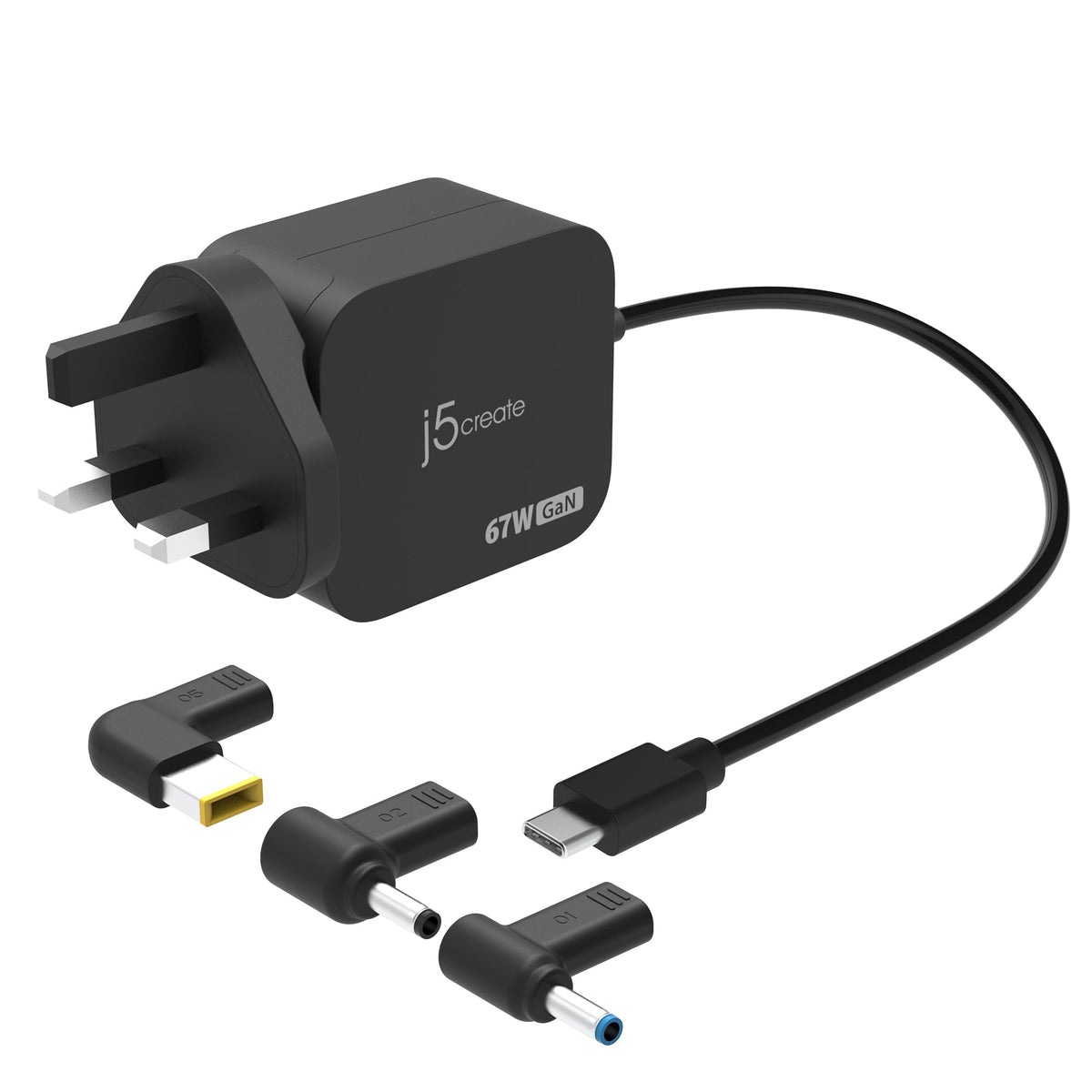 j5create 67 W GaN USB-C-oplader – 3 DC-adapterstik – EU – Oplader med tre DC-adaptere