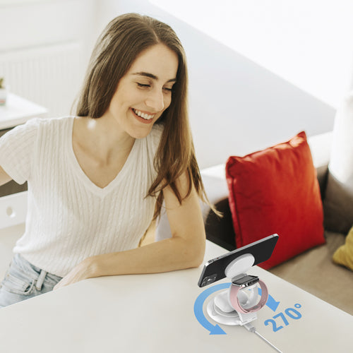 j5create JUPW3415-N – foldbar Qi2 3-i-1 ladestation – Oplader på bord som eksempel