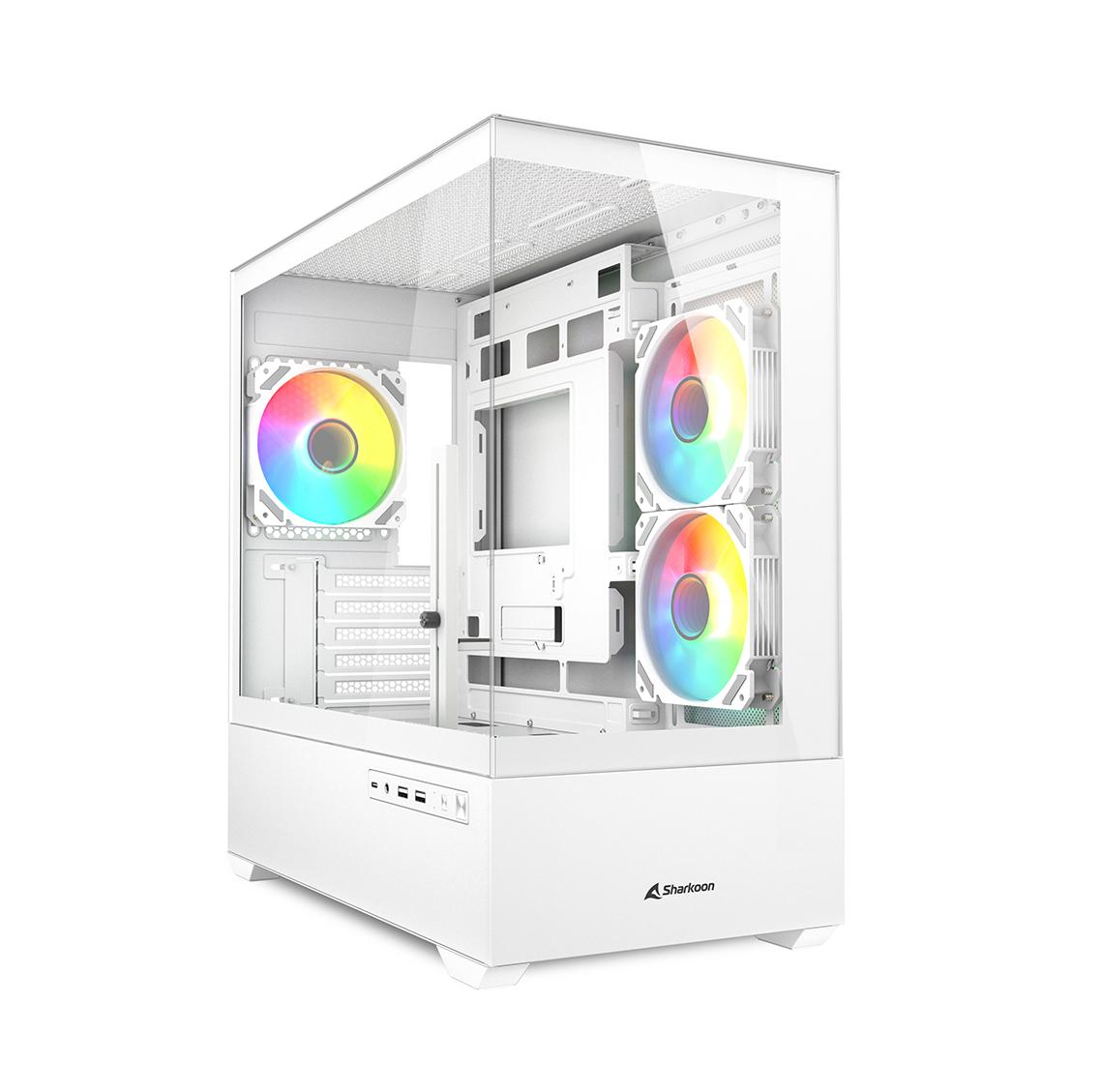 Hvidt Sharkoon MK6 RGB kabinet med glasfront, glasside og tre ARGB-blæsere