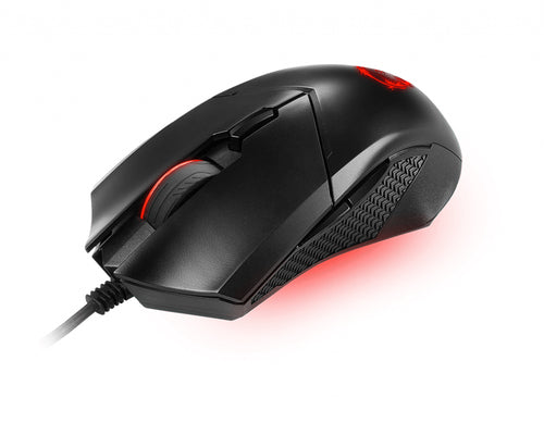 MSI CLUTCH GM08 – gamingmus med rød belysning – skråt billede af mus