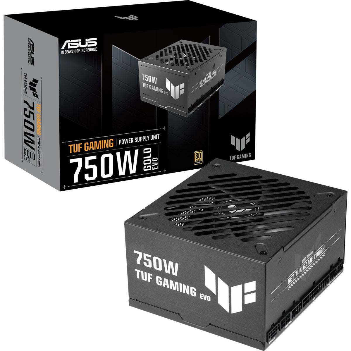 ASUS TUF Gaming 750W Gold EVO – strømforsyning sammen med produktemballage