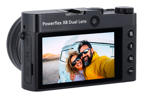 Rollei Powerflex X8 Dual Lens – Zoom- og selfiekamera – Bagside med selfieobjektiv og touchskærm
