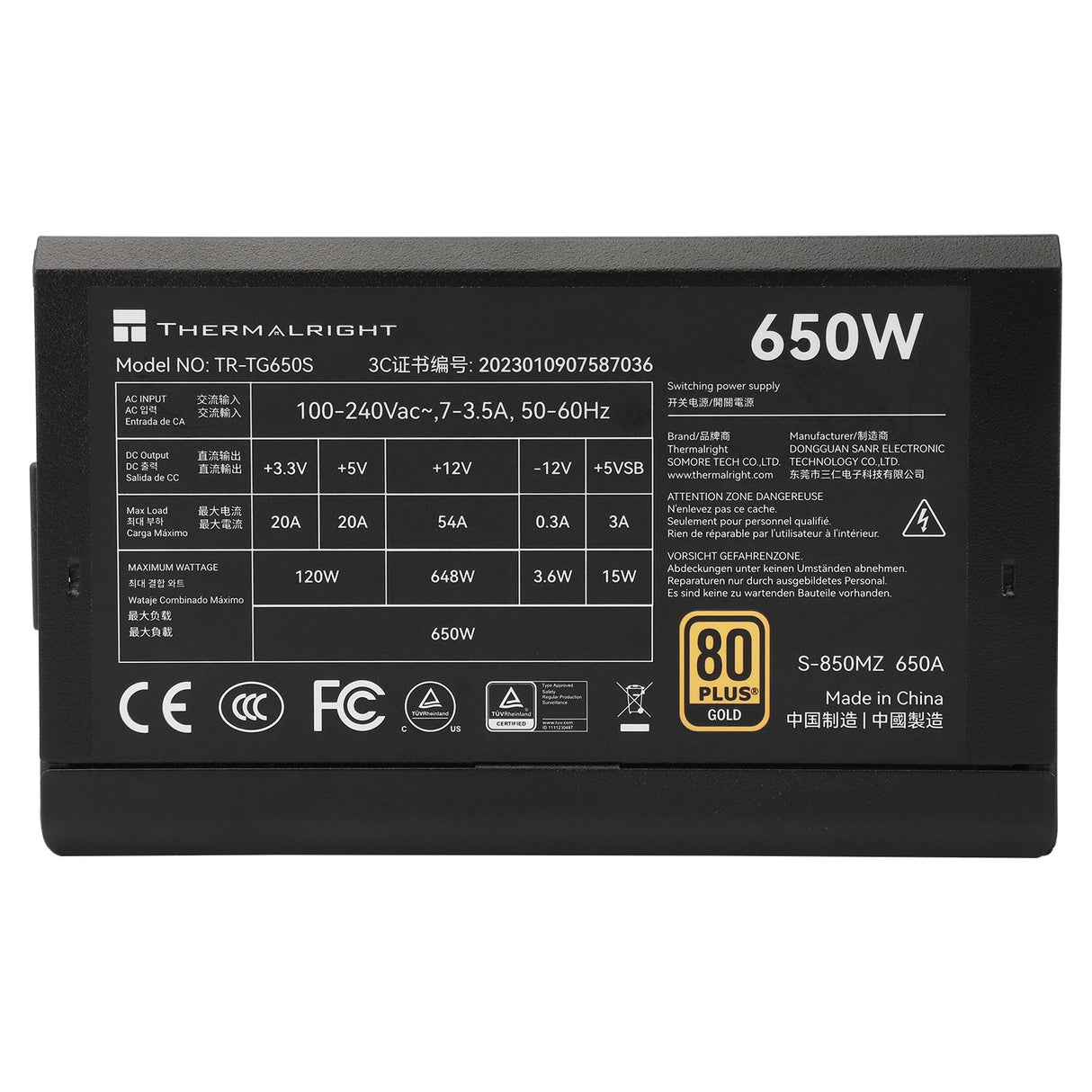 Thermalright TR-TG 650S Svart - PSU, 80+ Guld, 650W Icke-modulär