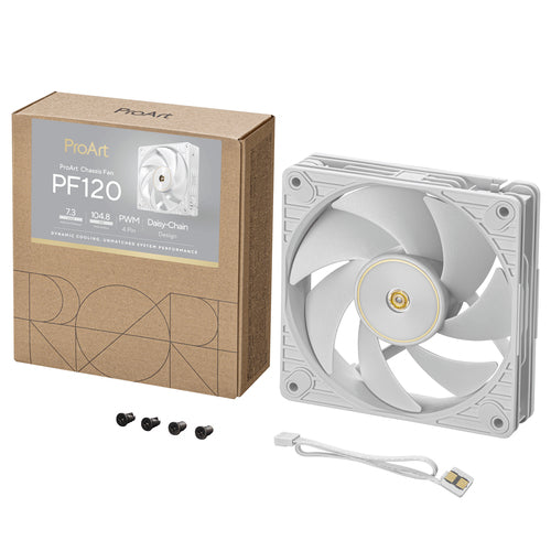 ASUS ProArt PF120 hvid – emballage, blæser, kabel og skruer