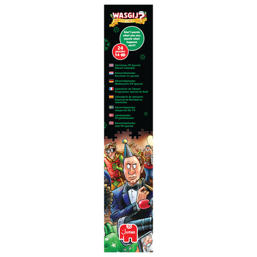 Wasgij Christmas TV Special julekalender 2026 – 24 × 54 brikker – emballagens side