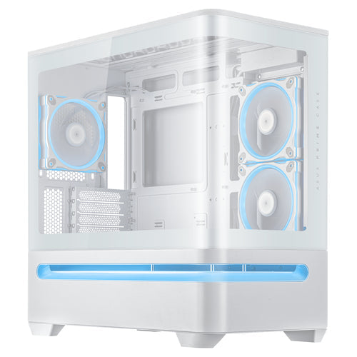 ASUS PRIME AP202 TG ARGB – kabinet med eksempelkomponenter set skråt