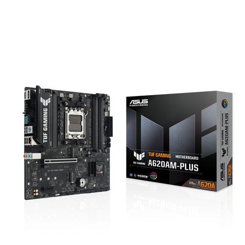 ASUS TUF Gaming A620AM-PLUS – bundkort foran ASUS TUF Gaming-emballage