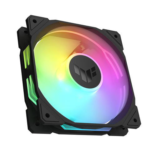 ASUS TUF Gaming TR120 ARGB – ARGB-belyst front skråt fra siden