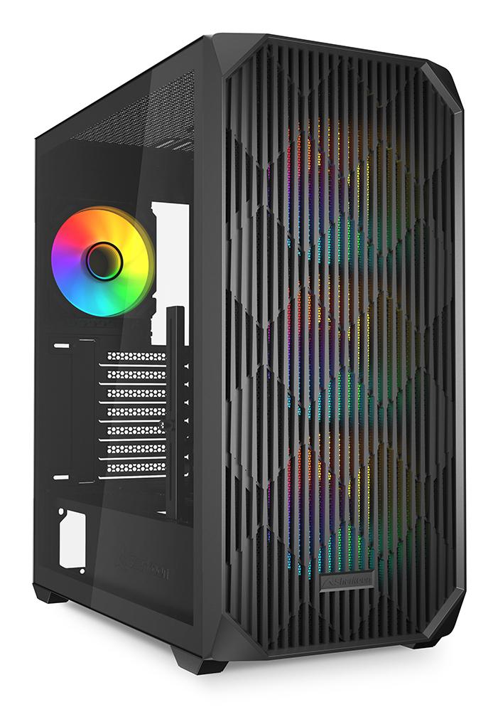 Sort Sharkoon AK3 RGB kabinet med glasside og belyste blæsere bag fronten