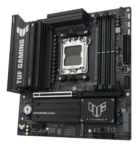 ASUS TUF GAMING B850M-PLUS WIFI7 – micro ATX AM5 bundkort – skråt ovenfra