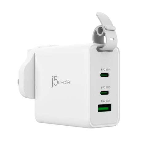j5create – 65 W GaN USB-rejseoplader med stikadaptere – Oplader set skråt