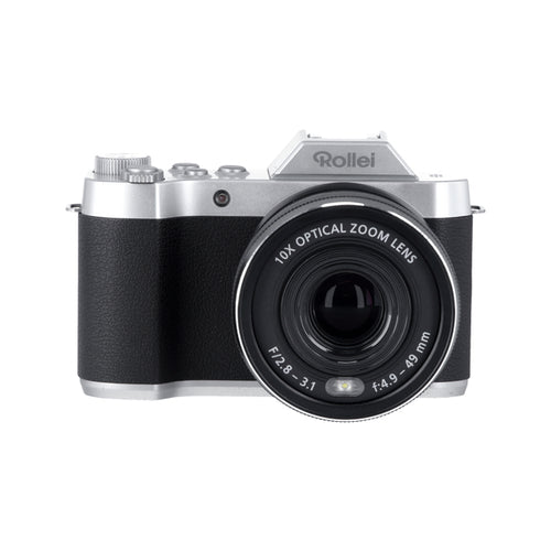 Rollei Powerflex 10x Retro – 10× optisk zoom – Front med sort hus og sølvfarvet top