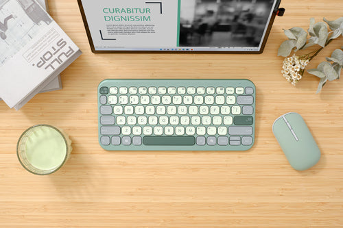 ASUS Marshmallow Keyboard KW100 – illustreret i brug; tastaturlayout illustrativt