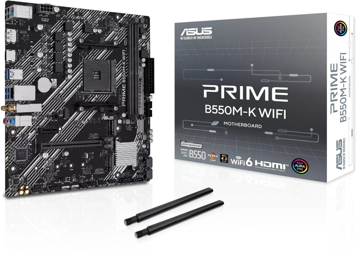ASUS PRIME B550M-K WIFI – bundkort med emballage og antenner