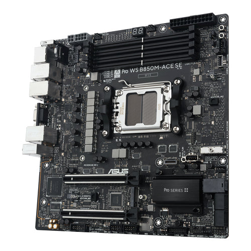 ASUS Pro WS B850M-ACE SE – bundkort med udvidelsespladser set skråt forfra
