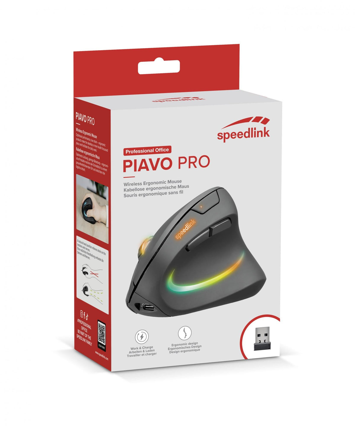 Speedlink - PIAVO PRO Illuminated Rechargeable Vertical Ergonomic Mouse - wireless, rubber-black Speedlink
