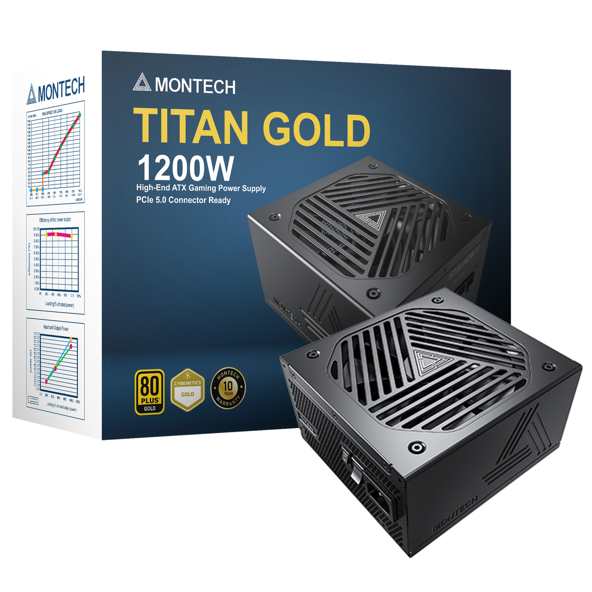 Montech Titan 1200W - Full Modulär, 80+ Guld & Cybenetics Gold, ATX 3.0, 12VHPWR-kontakt