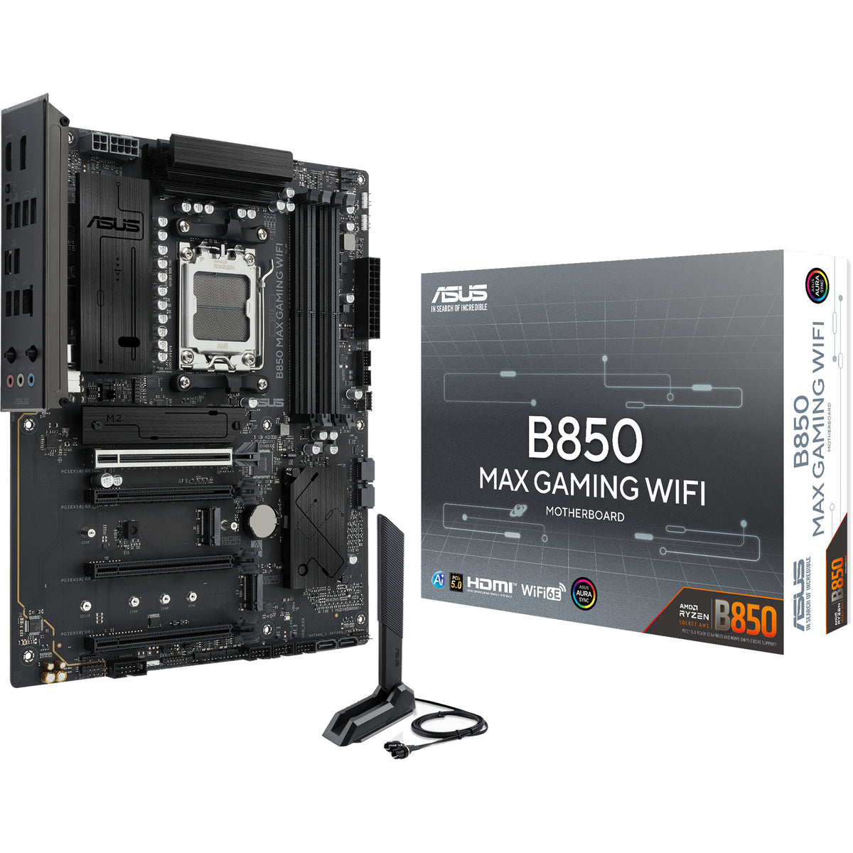 ASUS B850 MAX Gaming WiFi – bundkort og emballage set skråt