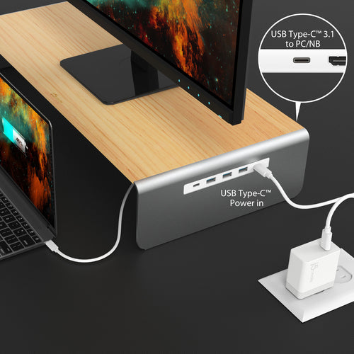 j5create JCT425-N – skærmstativ i træ med USB-C-dock – USB-C-port til opladning illustreret