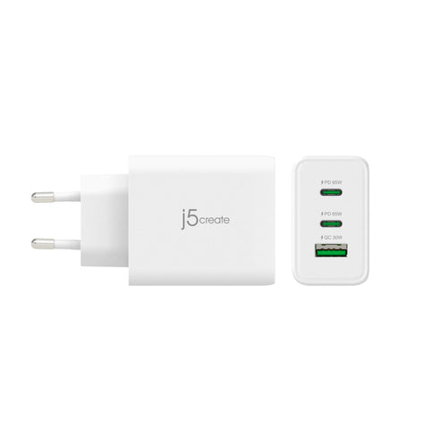 j5create 65 W GaN-oplader – 2×USB-C og USB-A – EU – Side med USB-porte