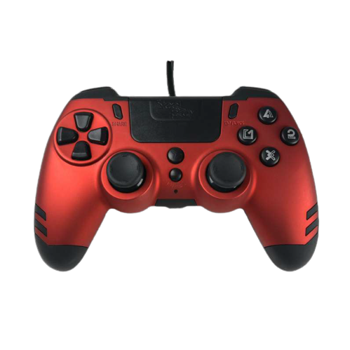 Steelplay MetalTech – rød controller med kabel til PS4 og PC – set skråt fra siden