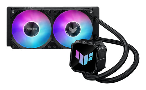 ASUS TUF Gaming LC III 240 ARGB – sort kølesæt med blå og lilla lys set skråt