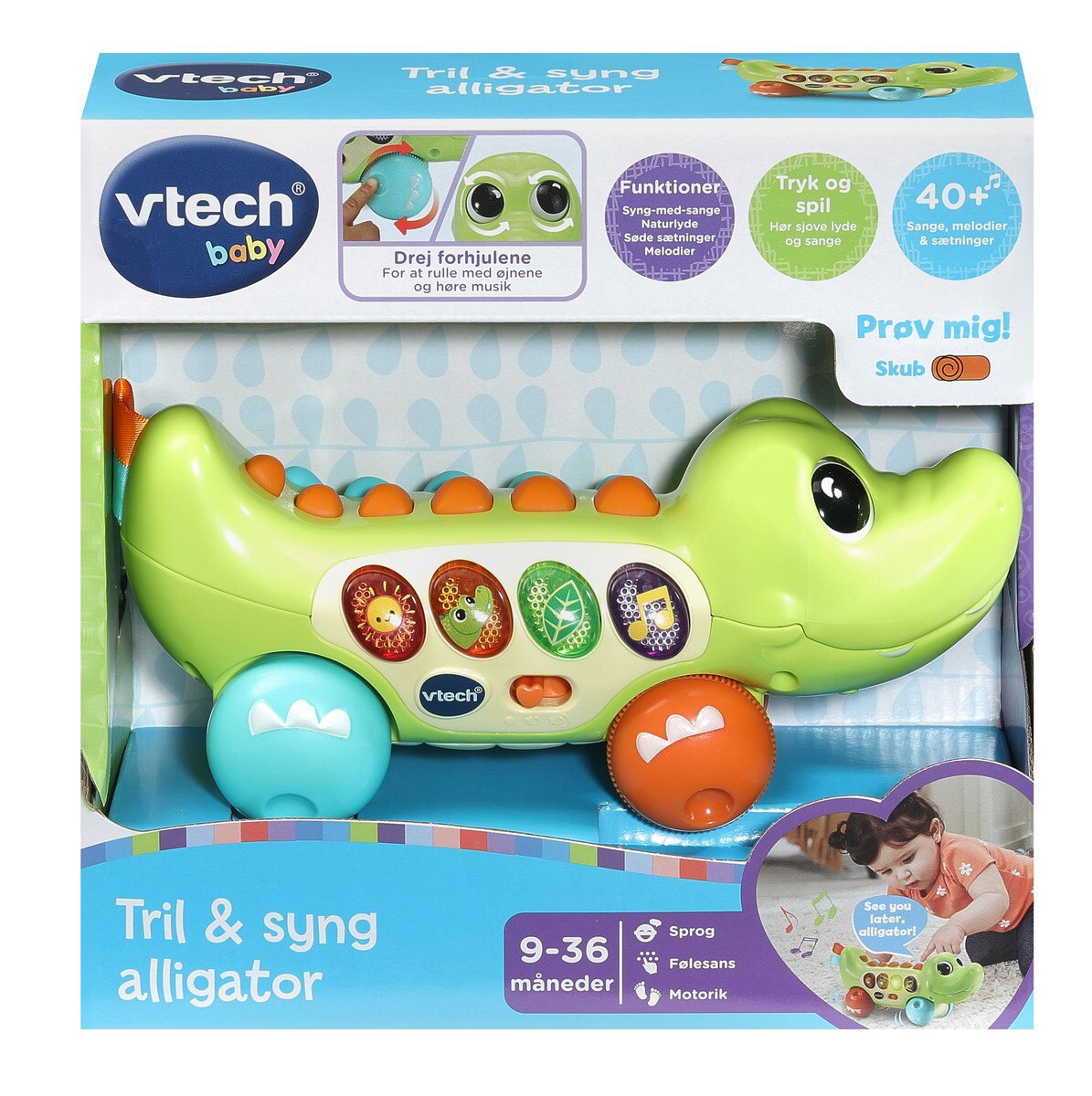 VTech Tril & Syng alligator – dansk emballage med aldersangivelse 9–36 måneder