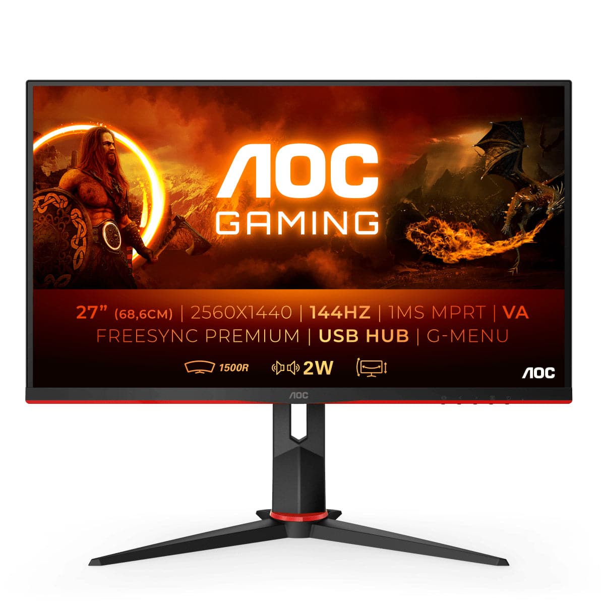 AOC Gaming CQ27G2U/BK 27 2560 X 1440 VGA (HD-15) HDMI DisplayPort 144Hz Pivot Monitor
