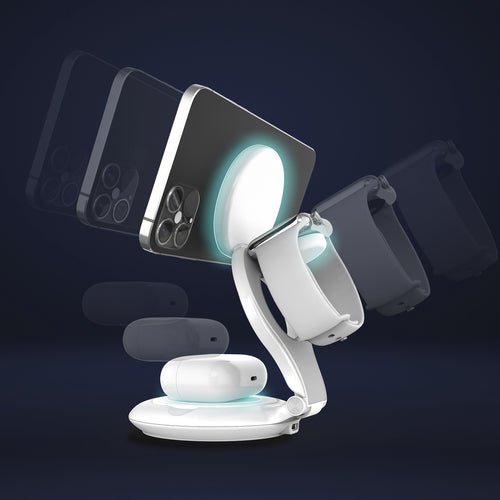 j5create JUPW3415-N – foldbar Qi2 3-i-1 ladestation – Telefon, ur og earbuds som eksempel