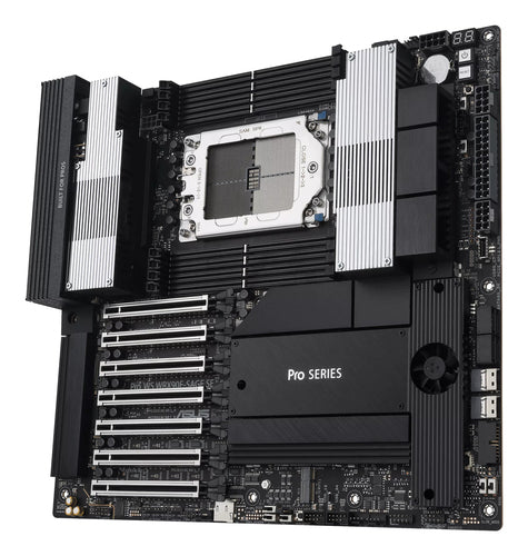 ASUS PRO WS WRX90E-SAGE SE forside med DDR5-pladser og køleprofiler