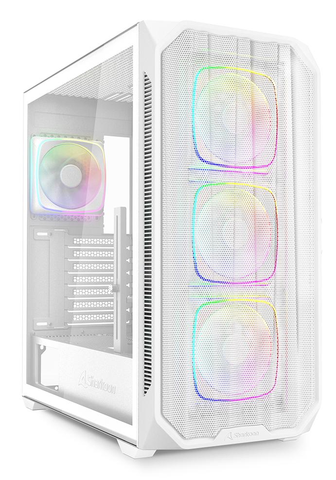Hvidt Sharkoon AK5M RGB kabinet med meshfront, glasside og fire ARGB-blæsere