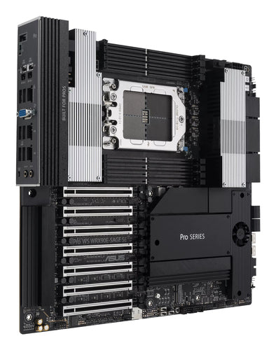 ASUS PRO WS WRX90E-SAGE SE set skråt fra tilslutningspanelet