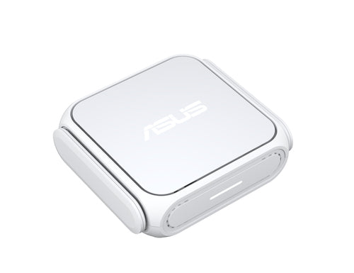 Hvid ASUS RT-BE58 Go rejserouter – overside og side i kompakt format