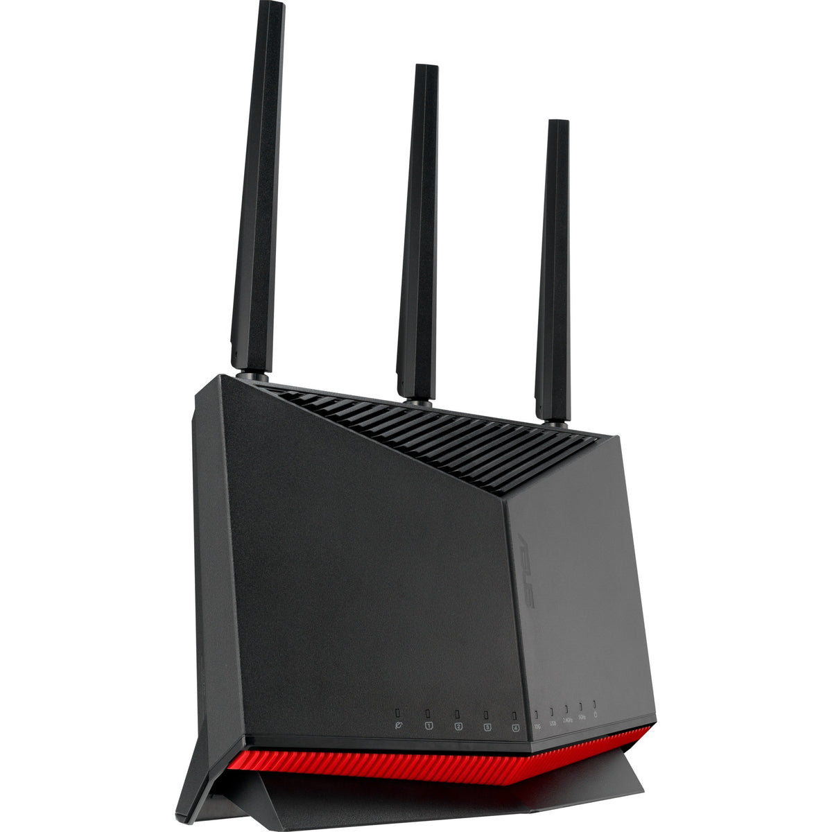 ASUS RT-BE86U – sort router med tre antenner set skråt forfra