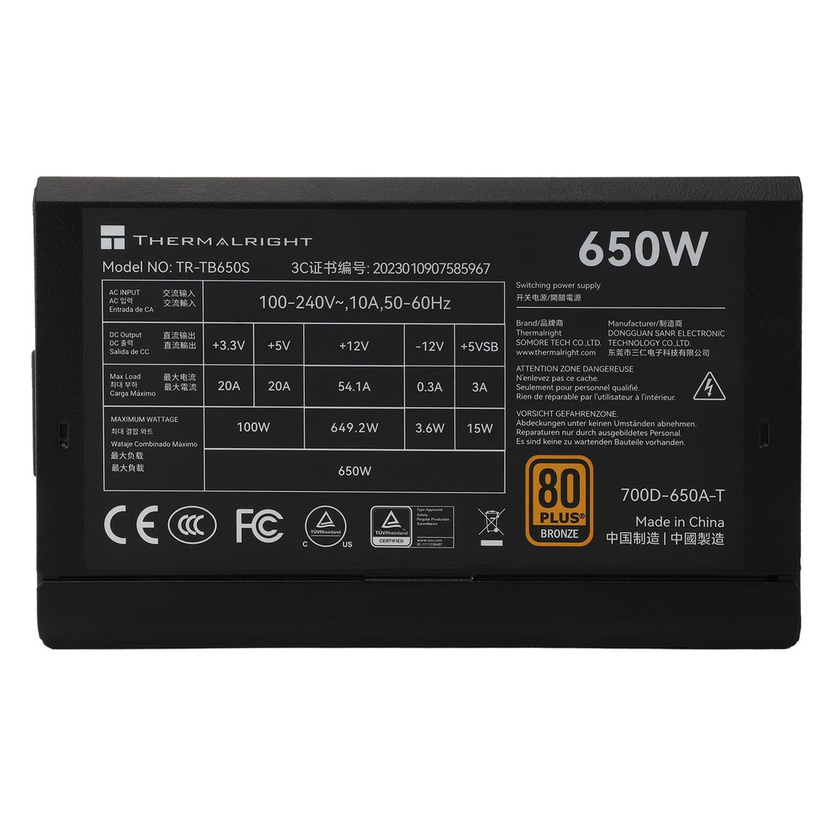 Thermalright TR-TB650S Black -PSU, 80+ Bronze, 650W Shenzhen Deli Ming Technology Co. LTD (Thermalright)