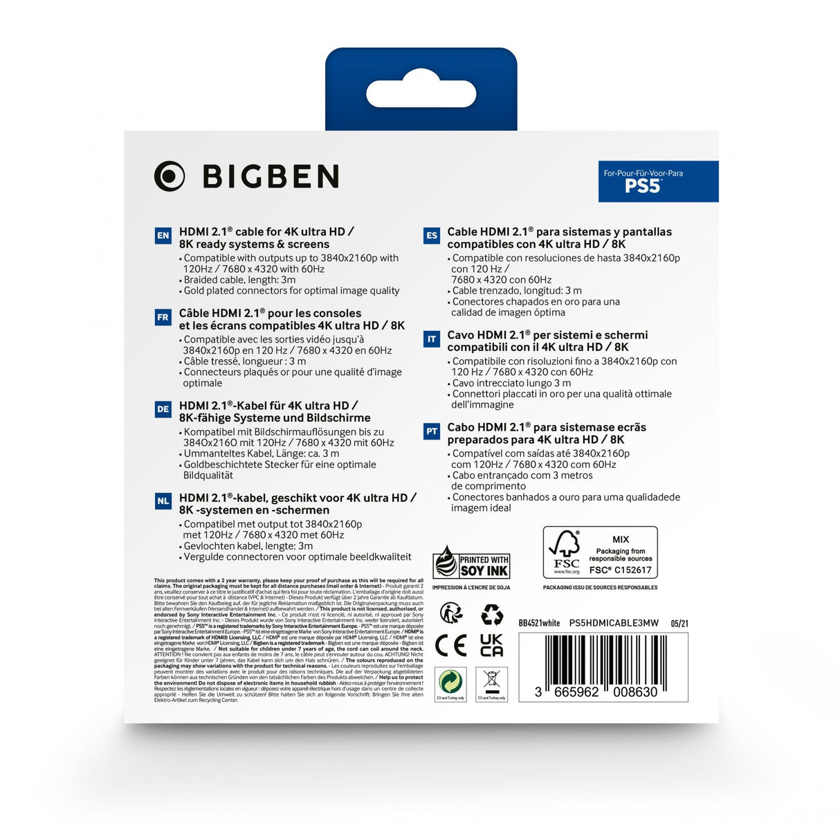 Nacon HDMI Cable 2.1 Braided, 8K - 3m, White Nacon