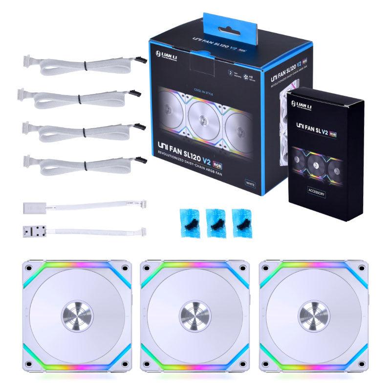 Lian Li UNI FAN SL V2 120 RGB PWM Fläkt 3-pack, vit - 120 mm, 28 mm ram