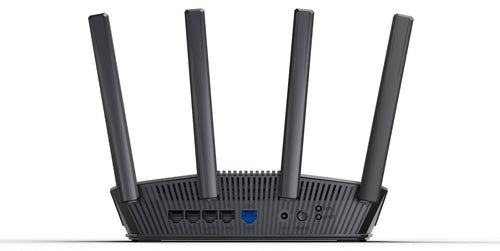 ASUS RT-BE59 sort Wi-Fi 7-router – bagpanel med WAN- og LAN-porte