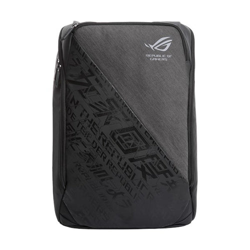ASUS ROG Ranger BP1500 sort og grå rygsæk forfra med diagonalt mønster og ROG-logo