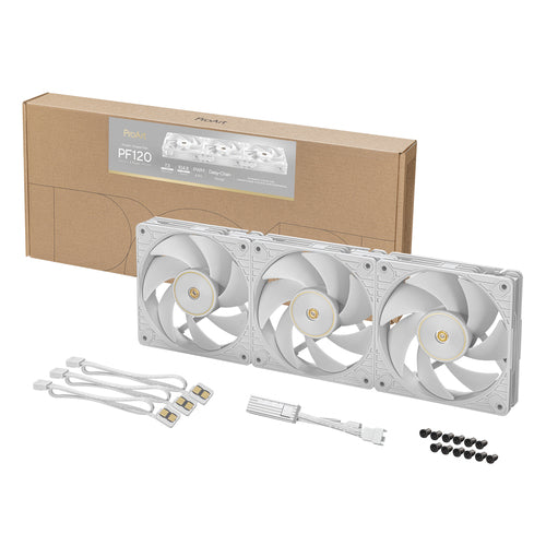 ASUS ProArt PF120 hvid 3-pak – emballage med tre blæsere, kabler, controller og skruer