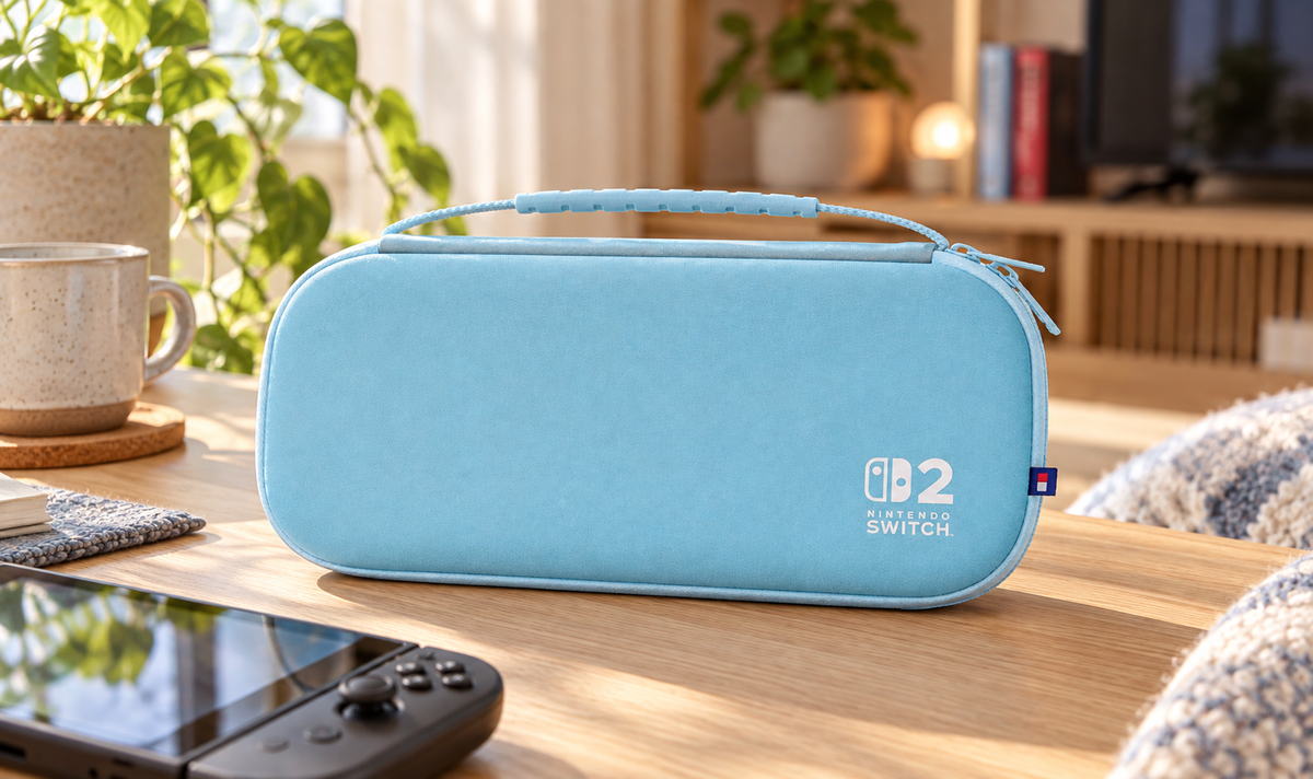 Stemningsbillede – HORI Slim Tough Pouch – Cozy Blue – Nintendo Switch 2