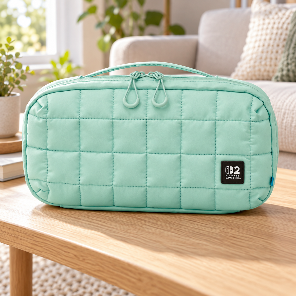 HORI Puff Pouch – Cozy Green – mellemstørrelse – Nintendo Switch 2 – stemningsbillede