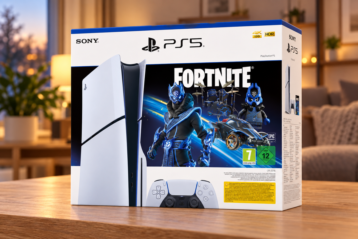 PS5 Console 1TB Standard Slim White Cobalt Star Fortnite Bundle – stemningsbillede