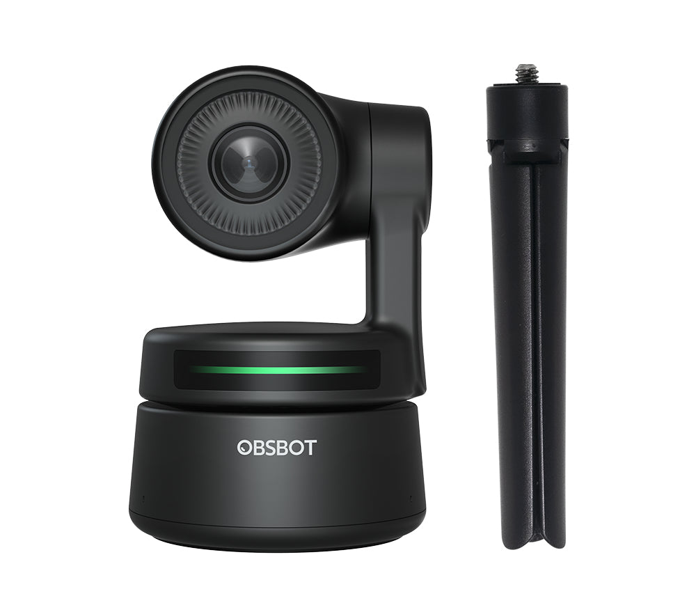 OBSBOT Tiny-webcam med grøn lysindikator og sammenfoldet stativ