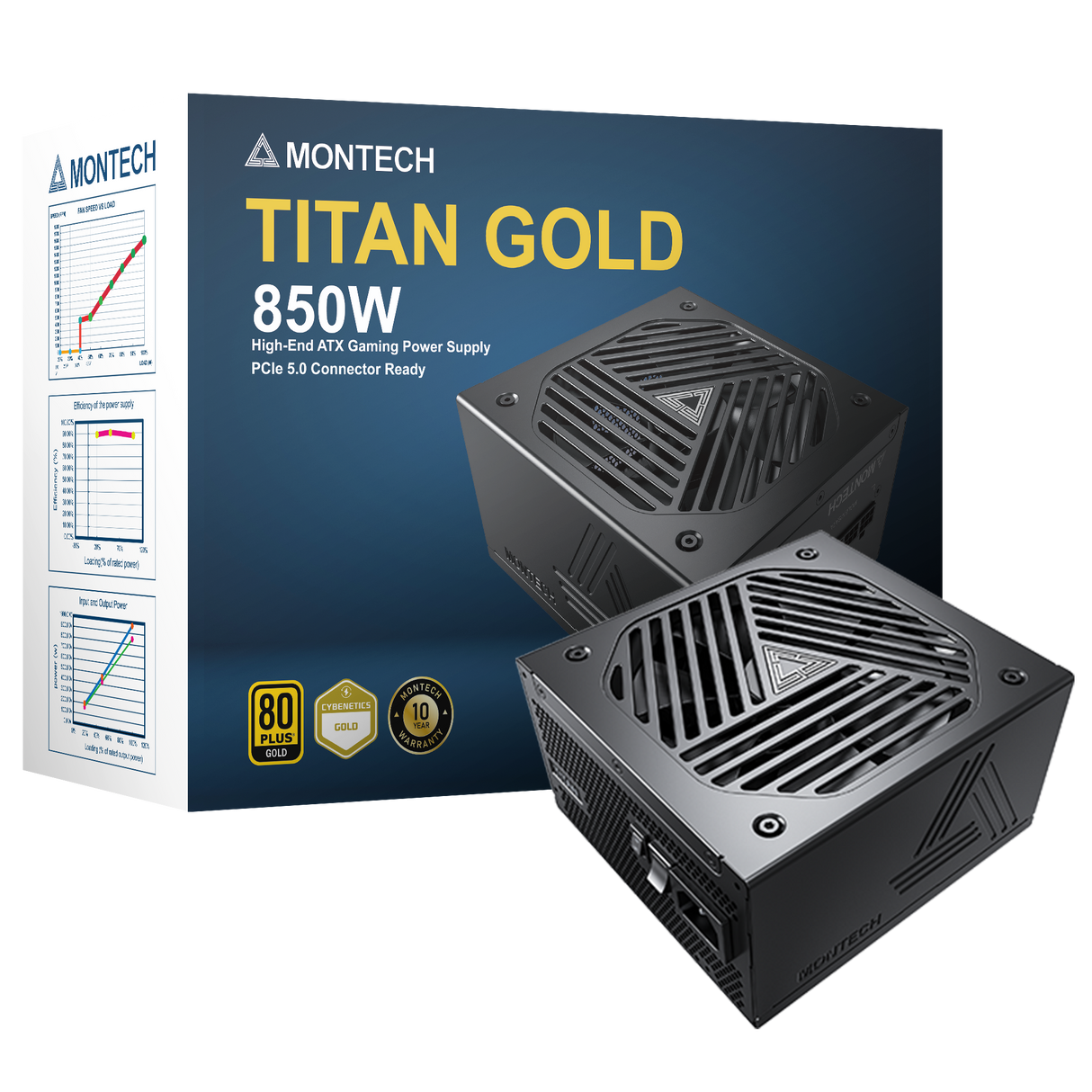 Montech Titan 850W - Full modulär, 80+ guld & Cybenetics Gold, ATX 3.0, 12VHPWR-kontakt